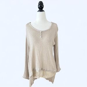Cream Layered Button Detail Long Sleeve Knit Shirt Fairy Granola Beachy Large